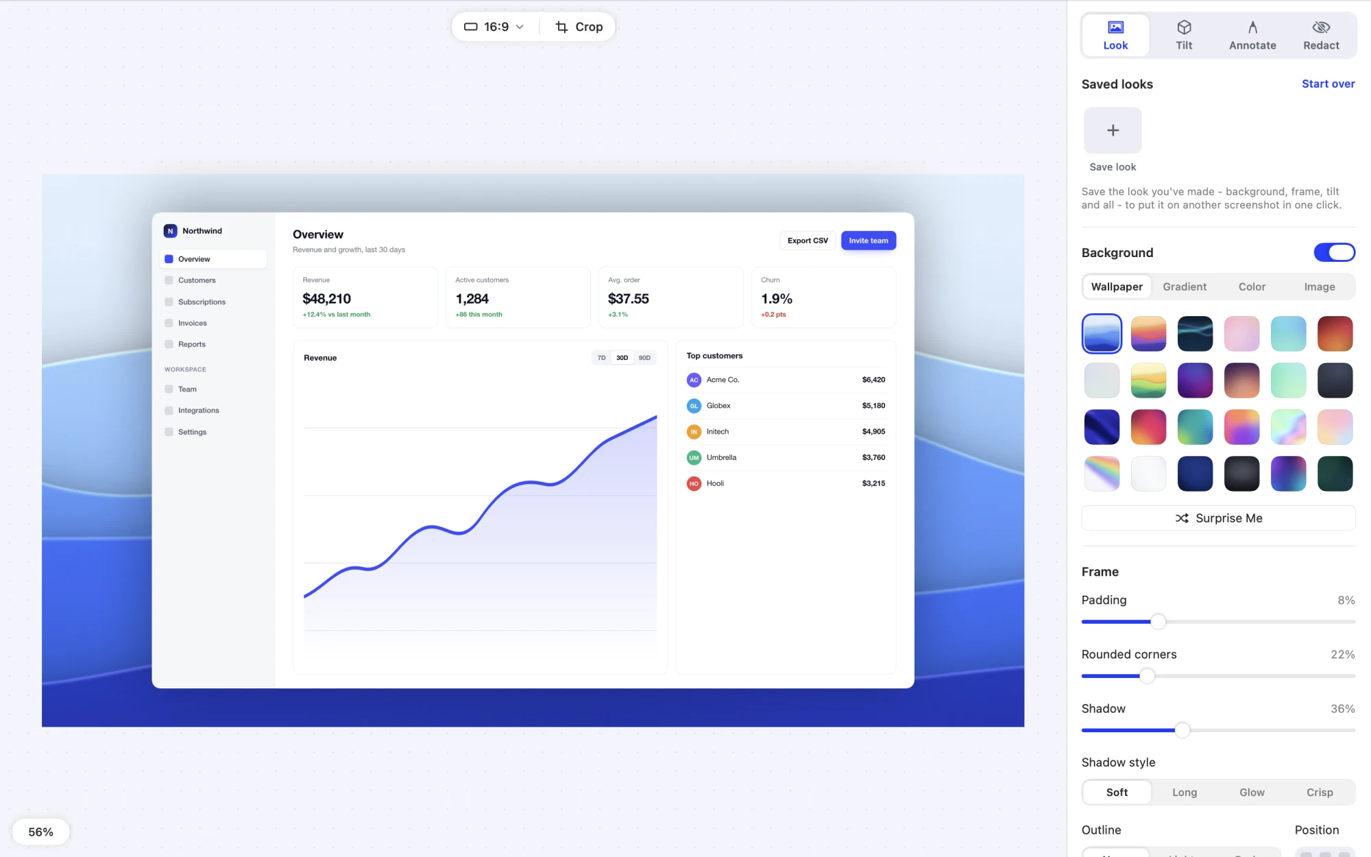 Smooth Recorder's screenshot editor: a dashboard screenshot on a blue wallpaper, with Look, Tilt, Annotate and Redact tabs and wallpaper, padding and shadow settings on the right.