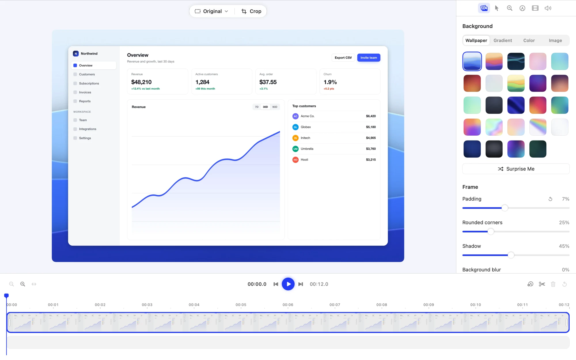 Smooth Recorder's Studio: a dashboard recording framed on a blue wallpaper, the timeline below, and wallpaper, padding, corner and shadow settings on the right.